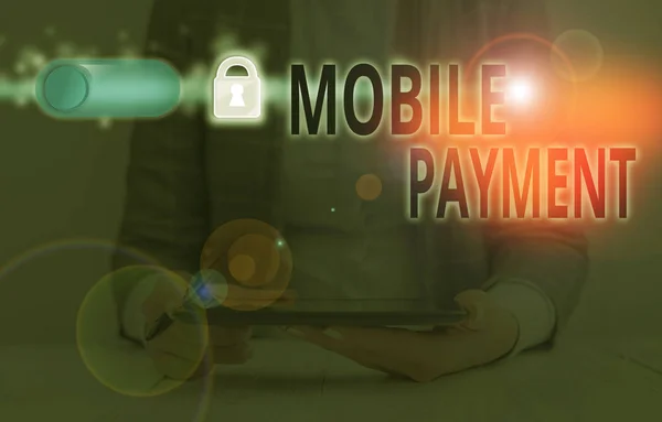 Kézírás SMS Mobil fizetés. Fogalom: hordozható elektronikus eszközön keresztül történő fizetés. — Stock Fotó