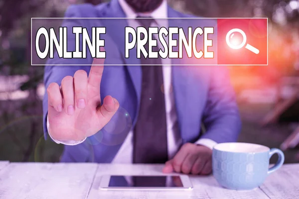 Writing note showing Online Presence. Business photo showcasing existence of an individual can be found via an online search.