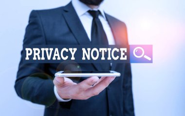 Conceptual hand writing showing Privacy Notice. Business photo showcasing fulfils a legal requirement to protect a customer or client Male human wear formal work suit hold smartphone using hand.