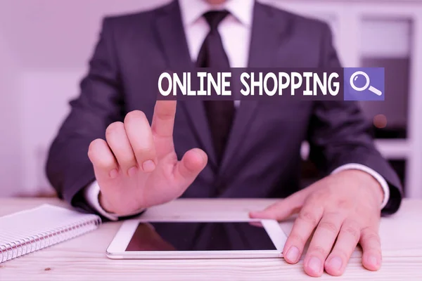 Writing note showing Online Shopping. Business photo showcasing consumers directly buy goods from a seller over the Internet Male human wear formal clothes present use hitech smartphone. — Stock Photo, Image