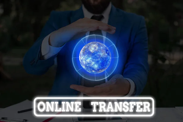 Conceptual hand writing showing Online Transfer. Business photo text authorizes a fund transfer over an electronic funds transfer Elements of this image furnished by NASA. — Zdjęcie stockowe