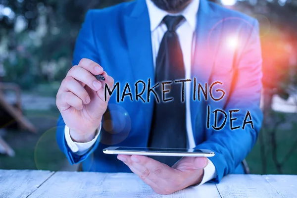 Conceptual hand writing showing Marketing Idea. Business photo text activities that seek to gain market share for a concept Businessman pointing with pen in empty copy space. — Stock Photo, Image