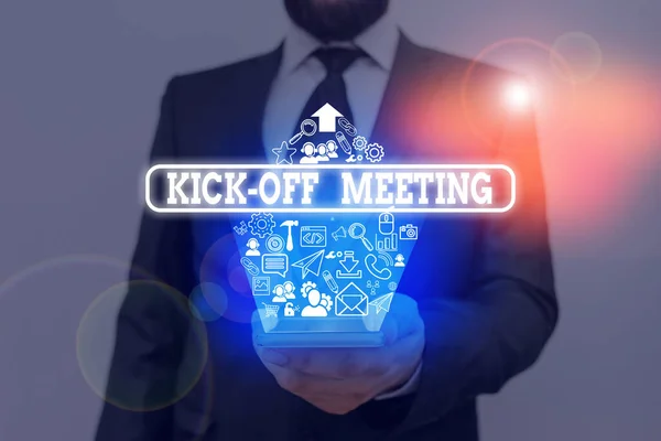 Hand writing sign Kick Off Meeting, Concept meaning first meeting with the  project team and the client Stock Photo - Alamy