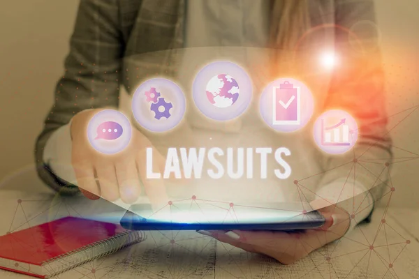 Writing note showing Lawsuits. Business photo showcasing a claim or dispute brought to a law court for adjudication. — Stock Photo, Image