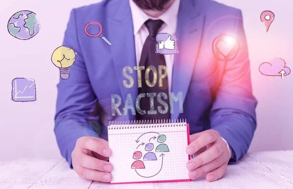 Woord schrijven tekst Stop Racisme. Zakelijk concept voor het beëindigen van de vijandigheid gericht tegen iemand van een ander ras. — Stockfoto