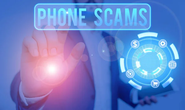 Conceptual hand writing showing Phone Scams. Business photo text use of telecommunications for illegally acquiring money. — Stock Photo, Image