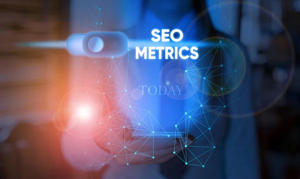 Handschrift tekst Seo Metrics. Concept betekent meten van de perforanalyse van de website voor organische zoekresultaten. — Stockfoto