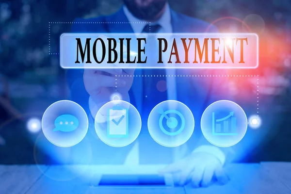 Signo de texto que muestra el pago móvil. Foto conceptual el pago realizado a través de un dispositivo electrónico portátil . —  Fotos de Stock