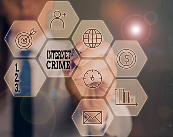 インターネット犯罪を示すメモを書く。インターネット上で犯罪や違法オンライン活動を紹介するビジネス写真. — ストック写真