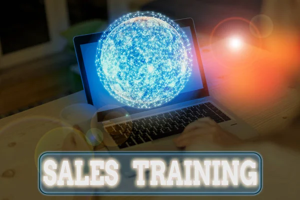 Writing note showing Sales Training. Business photo showcasing train salesshowing the methods of great sales techniques Elements of this image furnished by NASA.