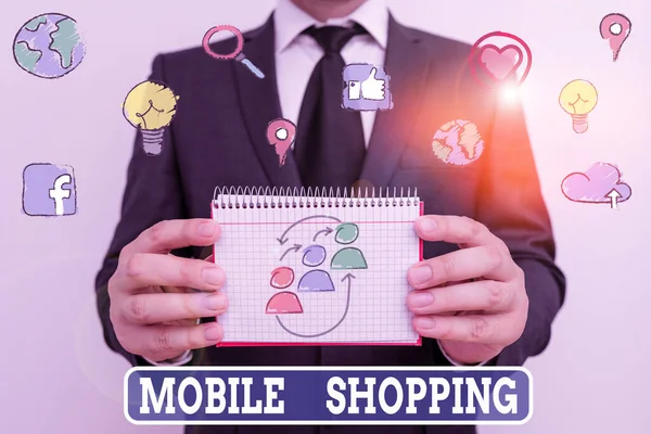 Konceptualne pismo ręczne pokazujące Mobile Shopping. Biznesowe zdjęcie pokazujące obrót towarami i usługami za pośrednictwem urządzeń bezprzewodowych. — Zdjęcie stockowe