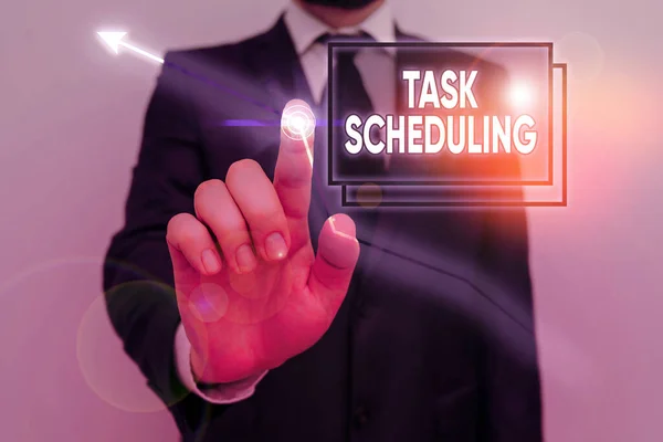 Handwriting text Task Scheduling. Concept meaning The assignment of start and end times to a set of tasks. — Stock Photo, Image