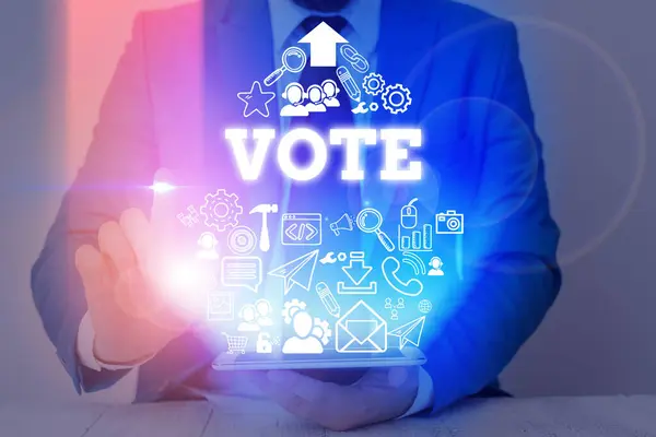 Writing Obs visar omröstning. Företag foto skylta Act att uttrycka en formell uppgift om val majoritet vinner. — Stockfoto