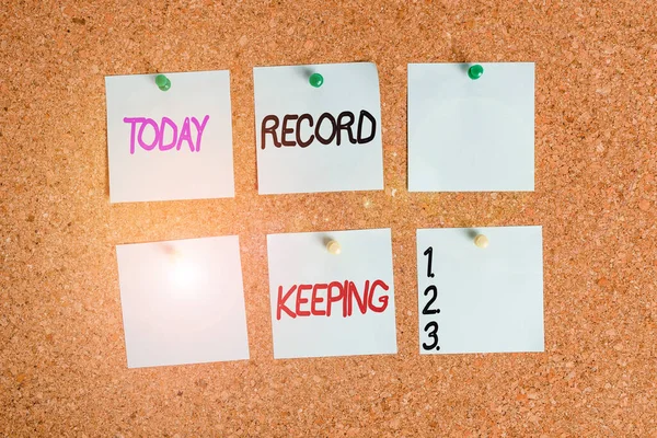 Writing note showing Record Keeping. Business photo showcasing The activity or occupation of keeping records or accounts Corkboard size paper thumbtack sheet billboard notice board.