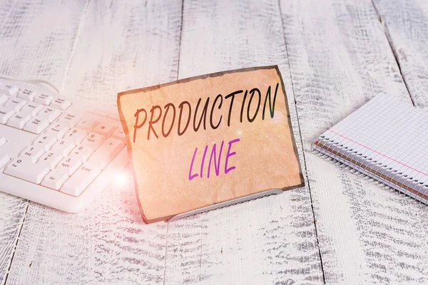 Text sign showing Production Line. Conceptual photo set of sequential operations established in a factory Notepaper stand on buffer wire in between computer keyboard and math sheets. — 스톡 사진