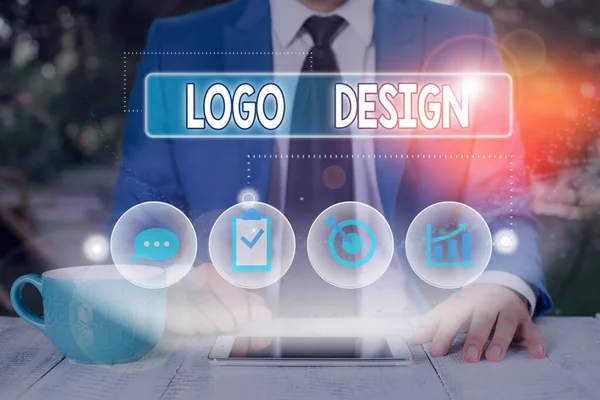 Text sign showing Logo Design. Conceptual photo a graphic representation or symbol of company name or trademark. — Zdjęcie stockowe