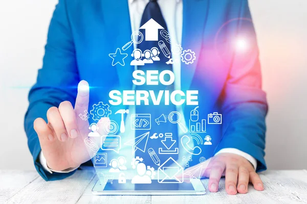 Tekst schrijven Seo Service. Business concept voor suite van technieken en procedures om website zichtbaarheid te verhogen. — Stockfoto