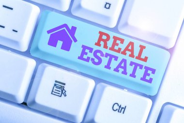 Conceptual hand writing showing Real Estate. Business photo text the property consisting of land and the buildings on it. clipart