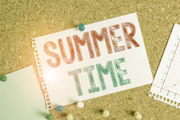 Conceptual hand writing showing Summer Time. Business photo text warmest season of the year Summer season or period like summer Corkboard size paper thumbtack sheet billboard notice board. — Stock Fotó