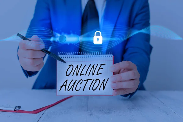 Handskrift text skriva online auktion. Begreppsmässig betydelse för köp och försäljning av varor eller tjänster online. — Stockfoto
