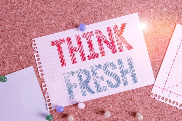 Conceptual hand writing showing Think Fresh. Business photo text Thinking on natural ingredients Positive good environment Corkboard size paper thumbtack sheet billboard notice board. — Stock fotografie