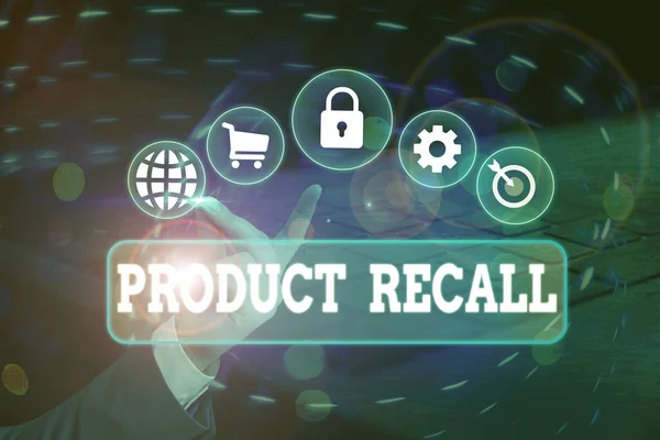 Texto de caligrafia Product Recall. Conceito que significa o processo de recuperação de bens potencialmente inseguros dos consumidores . — Fotografia de Stock