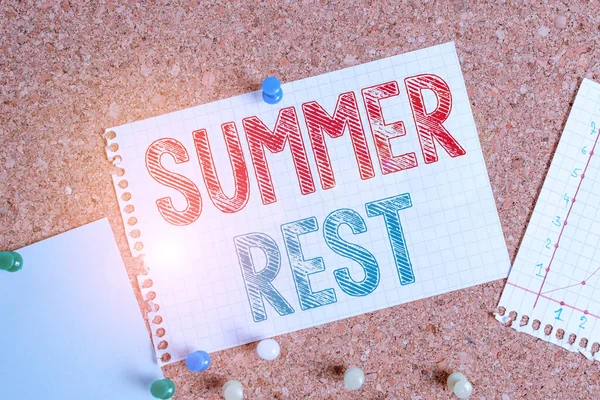 Conceptual hand writing showing Summer Rest. Business photo text taking holiday break or unwind from work or school during summer Corkboard size paper thumbtack sheet billboard notice board. — Stockfoto