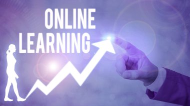 Çevrimiçi Öğrenme 'yi gösteren metin işareti. İnternet tabanlı ve erişilebilir kavramsal fotoğraf eğitim aracı.