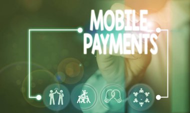 Cep telefonu ödemelerini gösteren metin işareti. Konsept fotoğraf parası bir ürün için elektronik cihazla ödenir..