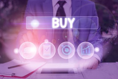 Buy 'ı gösteren bir not yazıyorum. Bir şeyi satın almak için para ödeyerek bir şey elde etmek için iş fotoğrafı sergisi. Mülkiyet veya mülkiyet satın almak..