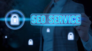 Kelime yazma Seo Servisi. Web sitesinin görünürlüğünü artırmak için teknik ve prosedürler süiti için iş konsepti.
