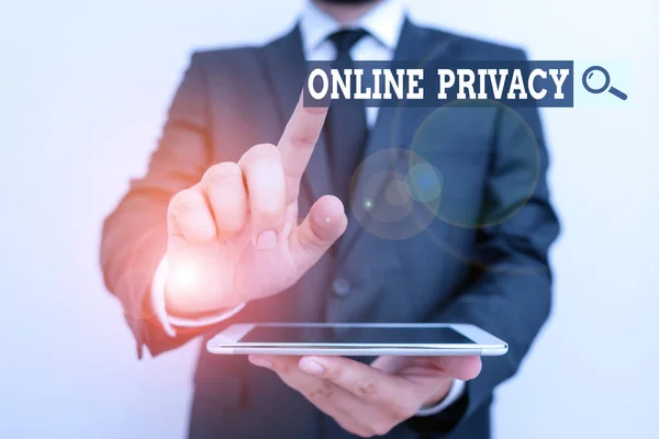 Handwriting text Online Privacy. Concept meaning involves the control of what information you reveal online Male human wear formal clothes present presentation use hi tech smartphone. — Stock Photo, Image