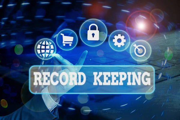 Handwriting text Record Keeping. Concept meaning The activity or occupation of keeping records or accounts.