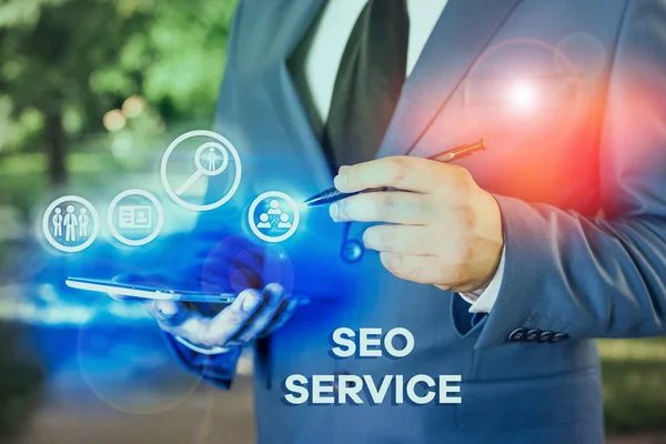 Scrivere una nota che mostra Seo Service. Business photo showcase suite di tecniche e procedure per aumentare la visibilità del sito web . — Foto Stock