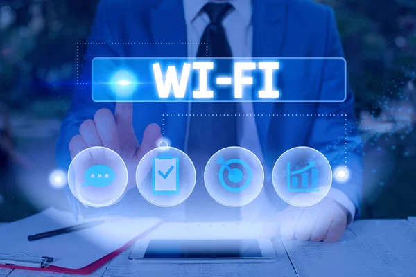 Writing note showing Wi Fi. Business photo showcasing radio technologies commonly used for wireless local area networking. — Stock Fotó