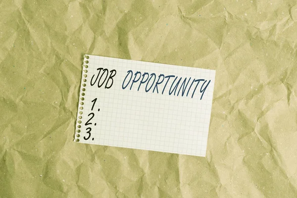 Text sign showing Job Opportunity. Conceptual photo an opportunity of employment or the chance to get a job Papercraft craft paper desk square spiral notebook office study supplies. — 图库照片