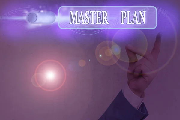 Słowo pisanie tekstu Master Plan. Koncepcja biznesowa dynamicznego dokumentu planowania długoterminowego Kompleksowy plan działania. — Zdjęcie stockowe
