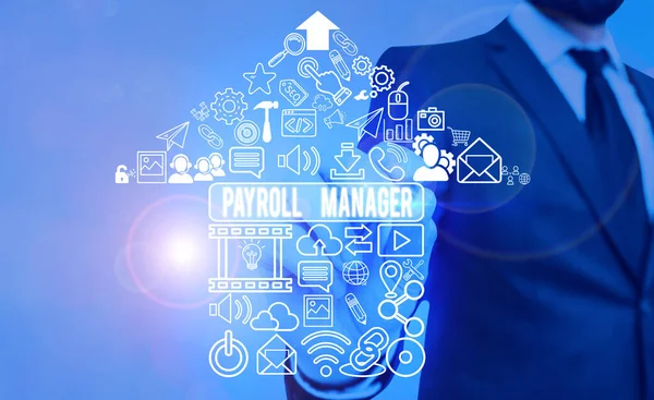Scrivere testo a mano Payroll Manager. Concetto significato Mantiene le informazioni sul libro paga progettando sistemi . — Foto Stock