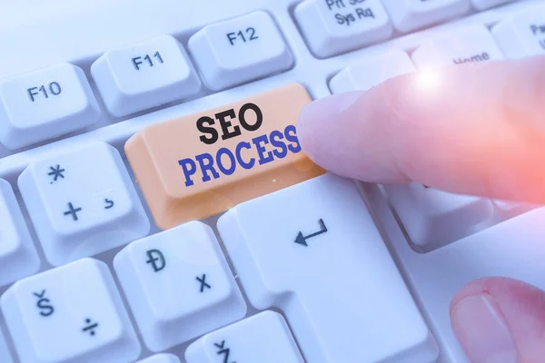 Szövegírás Seo Process. Üzleti koncepció a weboldalak forgalmának minőségének és mennyiségének növelésére irányuló lépésekhez. — Stock Fotó