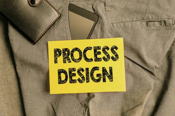 Texte d'écriture Word Process Design. Concept d'entreprise pour le processus d'origine et de développement d'un plan pour un produit Smartphone dispositif à l'intérieur pantalon poche avant avec portefeuille et papier de note . — Photo