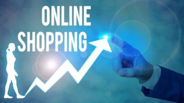 Znak tekstowy pokazujący zakupy online. Koncepcyjne zdjęcia konsumenci bezpośrednio kupić towary od sprzedawcy przez Internet. — Zdjęcie stockowe