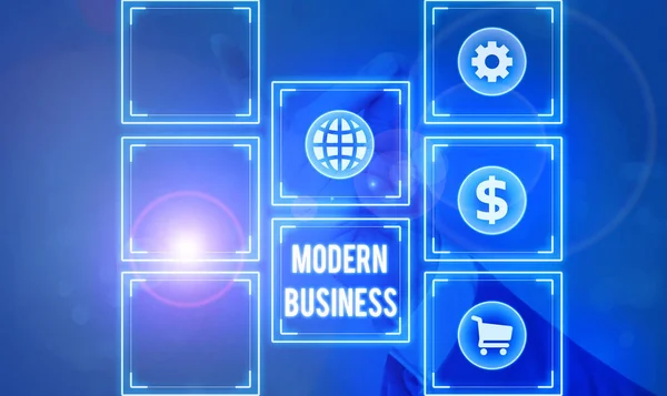 Escritura a mano conceptual que muestra Modern Business. Foto comercial que muestra el sistema económico en el que se intercambian bienes y servicios . —  Fotos de Stock