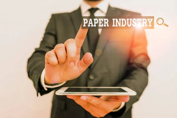 Handwriting text Paper Industry. Concept meaning industry of analysisufacturing and selling cellulosebased product Male human wear formal clothes present presentation use hi tech smartphone. — ストック写真