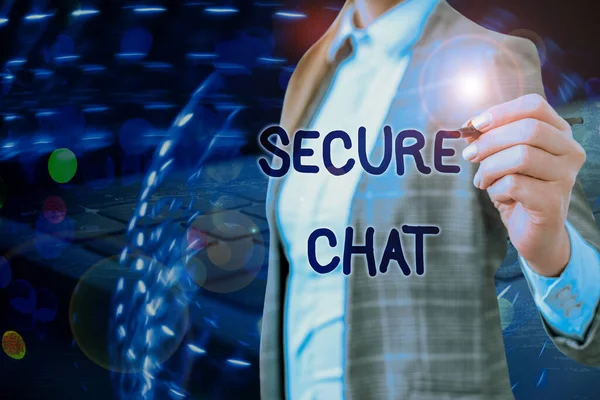 Nota di scrittura che mostra Secure Chat. Business photo showcase approccio per proteggere i messaggi quando inviato al di là del corporate . — Foto Stock