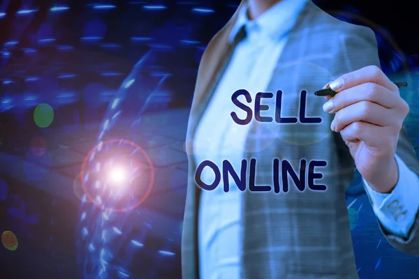 Schrijfbriefje met online verkopen. Zakelijke foto presentatie rechtstreeks verkopen van goederen of diensten aan een koper via het internet. — Stockfoto