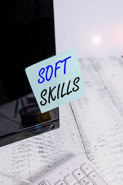 Handwriting text writing Soft Skills. Concept meaning demonstratingal attribute that supports situational awareness Notation paper taped to black computer monitor screen near white keyboard. — Stock Photo, Image