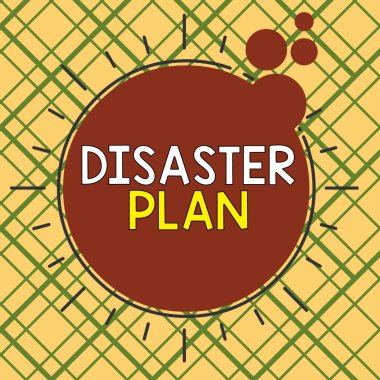 Felaket Planı 'nı gösteren kavramsal el yazısı. İş fotoğrafı metni, bir organizasyonun planlanmamış bir olaya nasıl tepki vereceğini belirtir. Asimetrik düzensiz şekil nesne çoklu renk tasarımı.