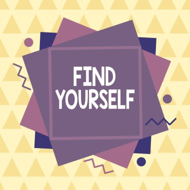 Kendini Bul 'u gösteren kavramsal el yazısı. Kendi kendine yetebilmek ve kendin için bir şeyler yapabilmek için iş fotoğrafı gösterimi. Asimetrik biçim modeli nesne ana hatları çok renkli tasarım..