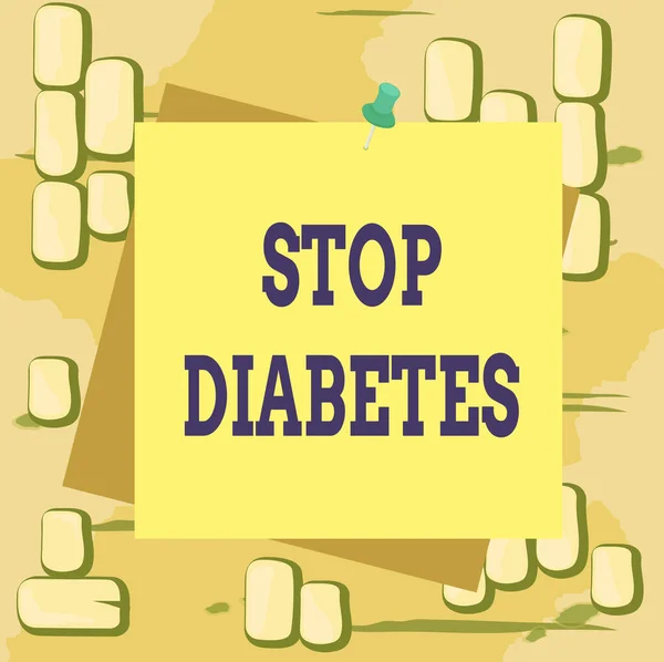 Word writing text Stop Diabetes. Business concept for prevent the disease of elevating glucose level in the blood Reminder color background thumbtack tack memo attached office pin square.