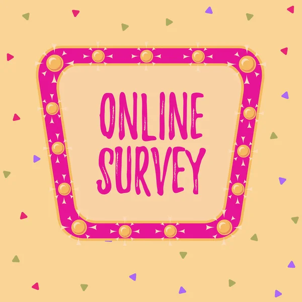Writing note showing Online Survey. Business photo showcasing type of assessment that is conducted via the Internet Asymmetrical uneven shaped pattern object multicolour design. — Stock Photo, Image